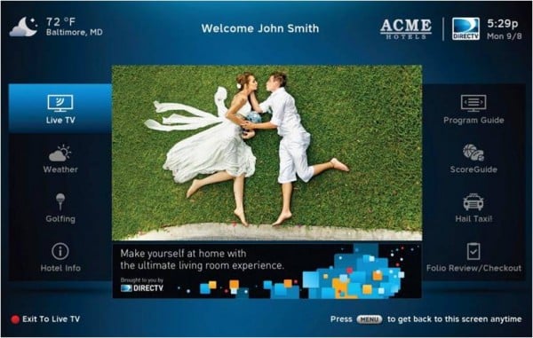 DIRECTV Residential Experience for Hotels Welcome Screen Example Home Screen