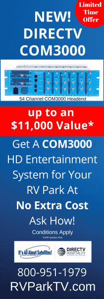 TV for RV Parks an Campgrounds - DIRECTV for RV Parks vertical bannner FREE COM3000 Eqpmt Offer