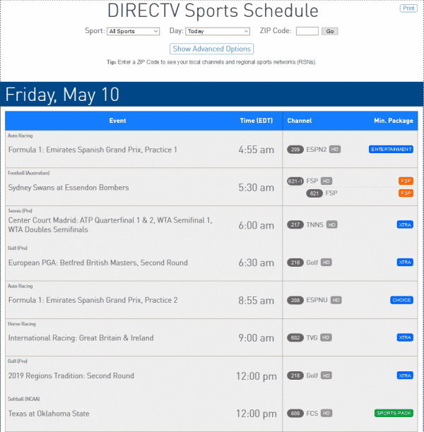 DIRECTV Sports Sports Schedule example from May 10 2019