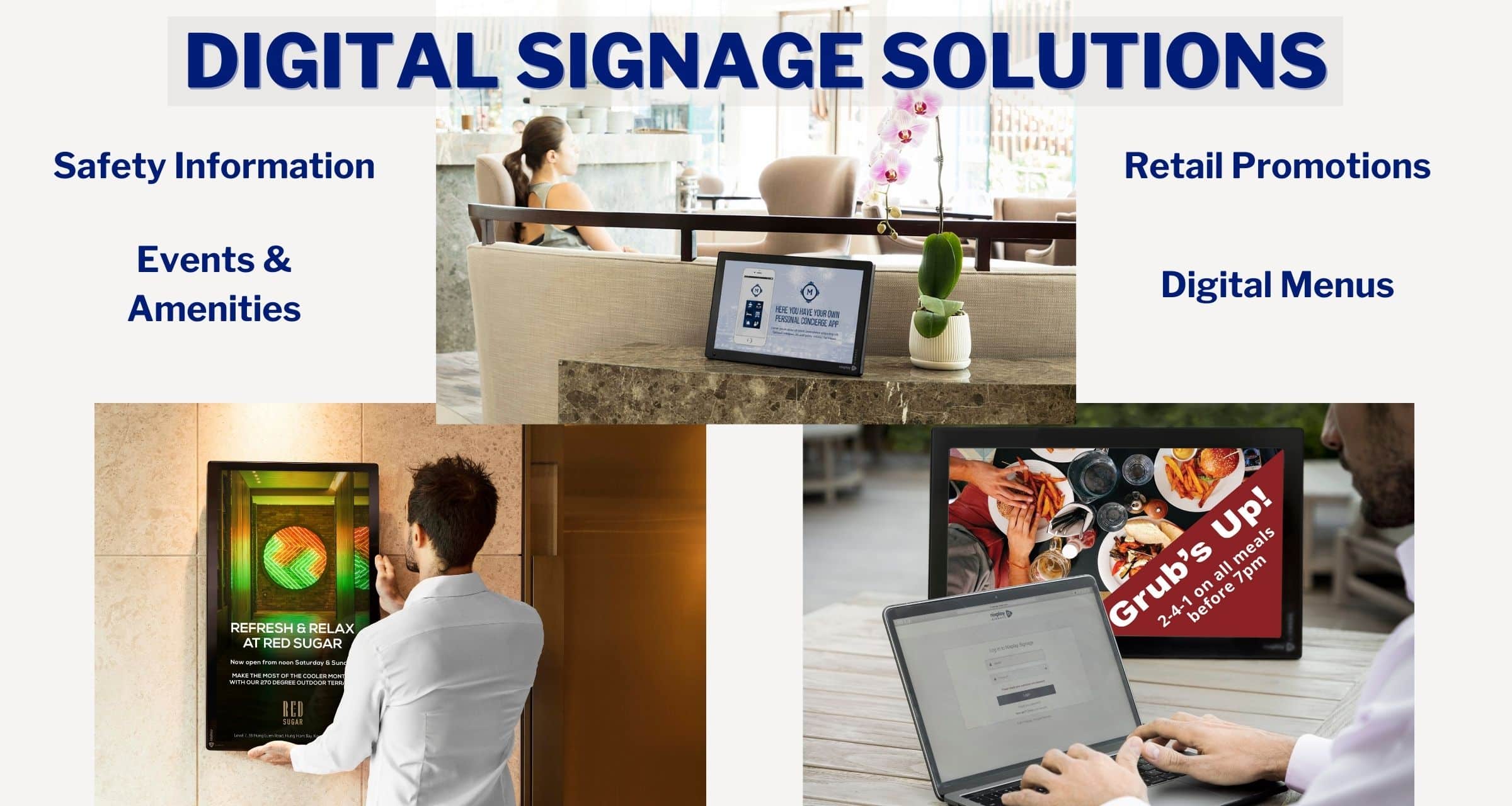 Nixplay Digital Signage Solutions for Safety Information, Events & Amenities, Retail Promotions, and Digital Menus from Its All About Satellites