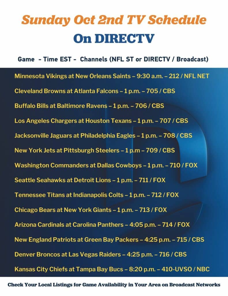 This Weeks NFL Sunday Ticket Schedule For Our Customers