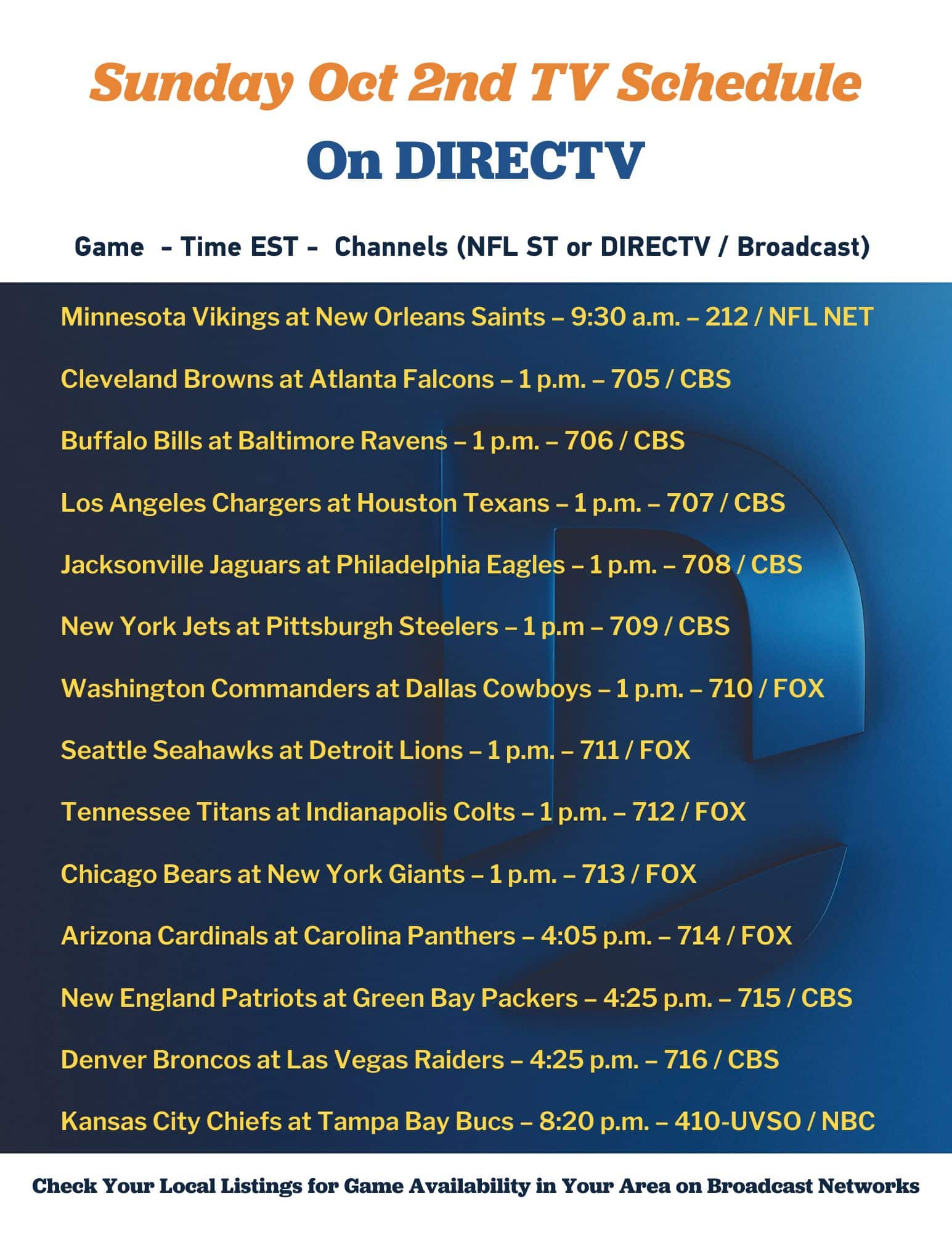 This Weeks NFL Sunday Ticket Schedule for Our Customers