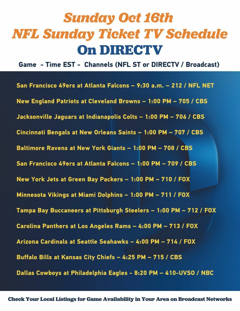 NFL Sunday Ticket Schedule for 10162022 on DIRECTV - from Its All About Satellites DIRECTV for Business and DIRECTV Hospitality Authorized Dealer