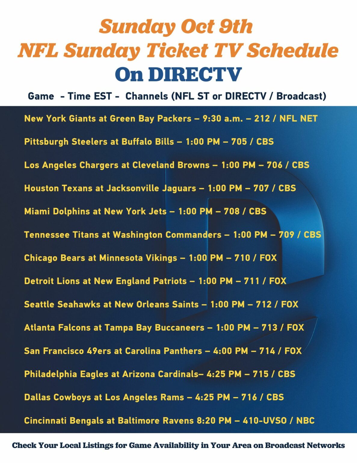 The October 9th NFL Sunday Ticket Schedule For Our Customers the-october-9th-nfl-sunday-ticket-schedule-for-our-customers