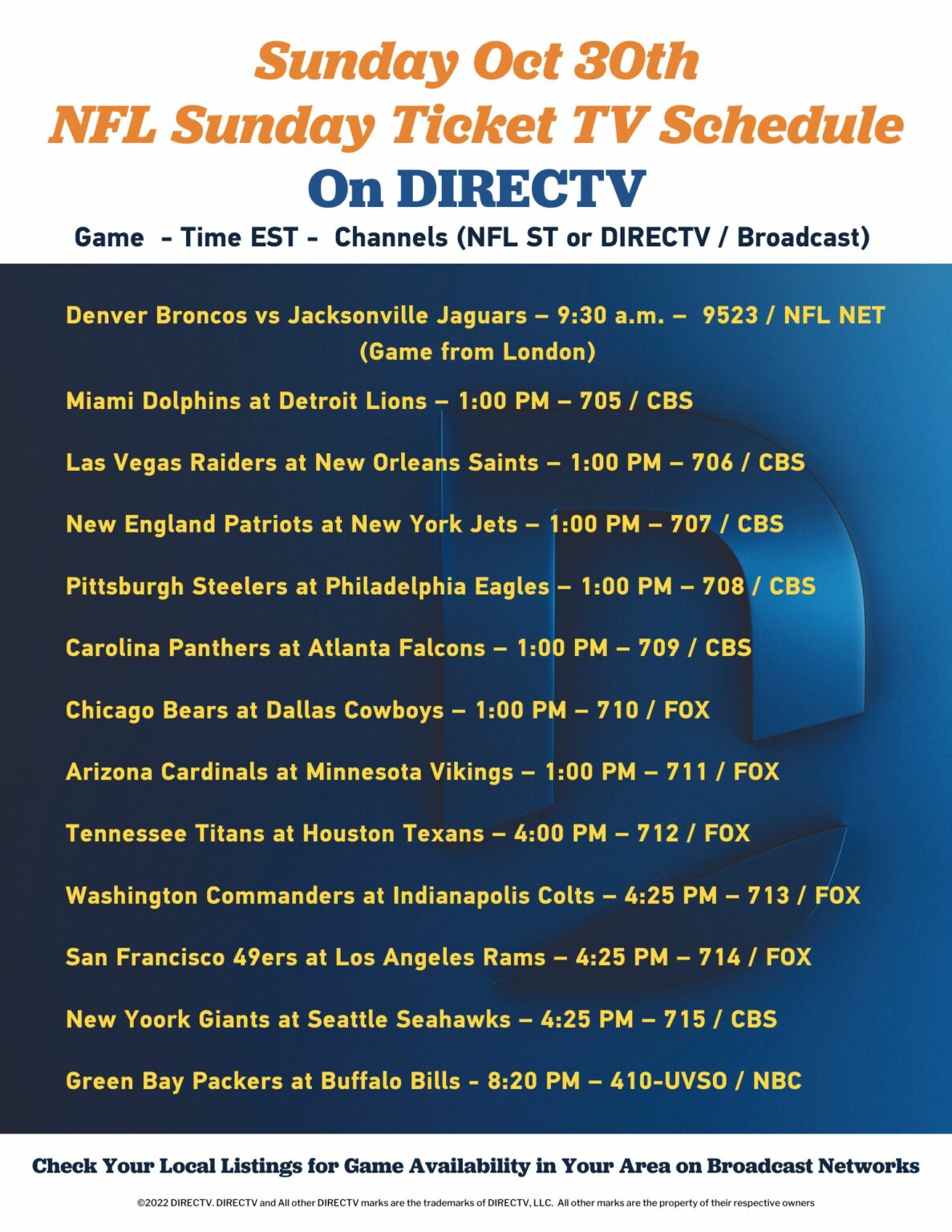 Wondering What Time and DIRECTV Channel the NFL Football Games are on