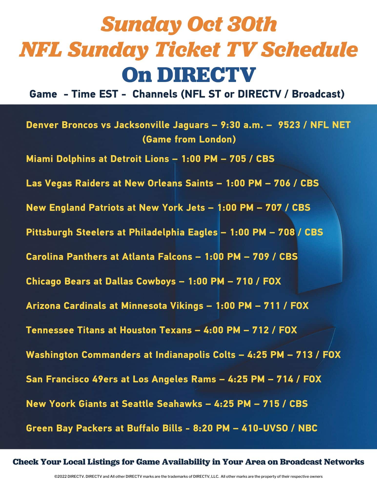 Wondering What Time and DIRECTV Channel the NFL Football Games are on
