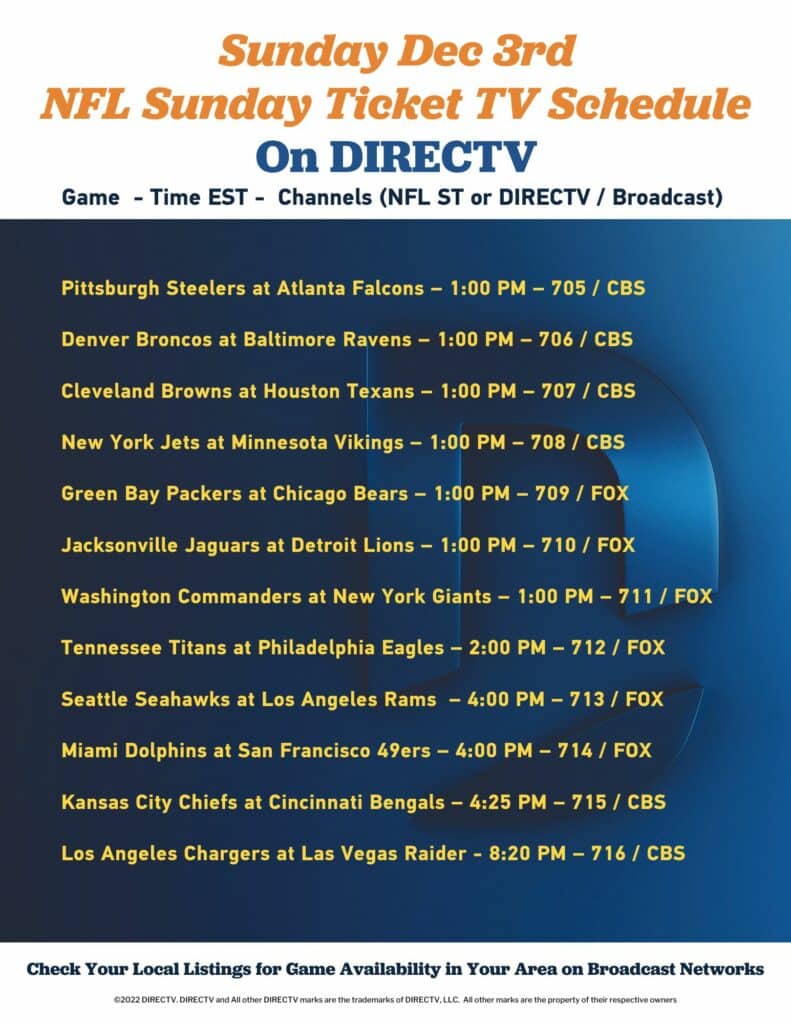 Schedule and Channels for NFL games on NFL Sunday Ticket on DIRECTV - Get NFL Sunday Ticket for your Bar, Restaurant, or Hotel from Its All About Satellites 800-951-1979