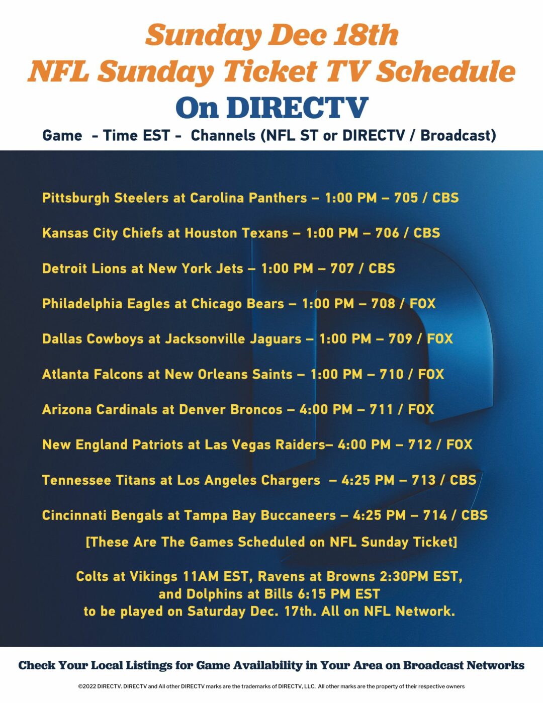 This Weeks NFL Sunday Ticket Schedule for Our Customers Dec 18th