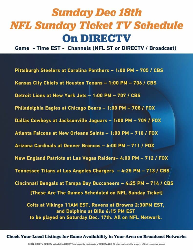 NFL Sunday Ticket Schedule for 12182022 on DIRECTV - From Its All About Satellites - Authorized DIRECTV for Hospitality Dealer