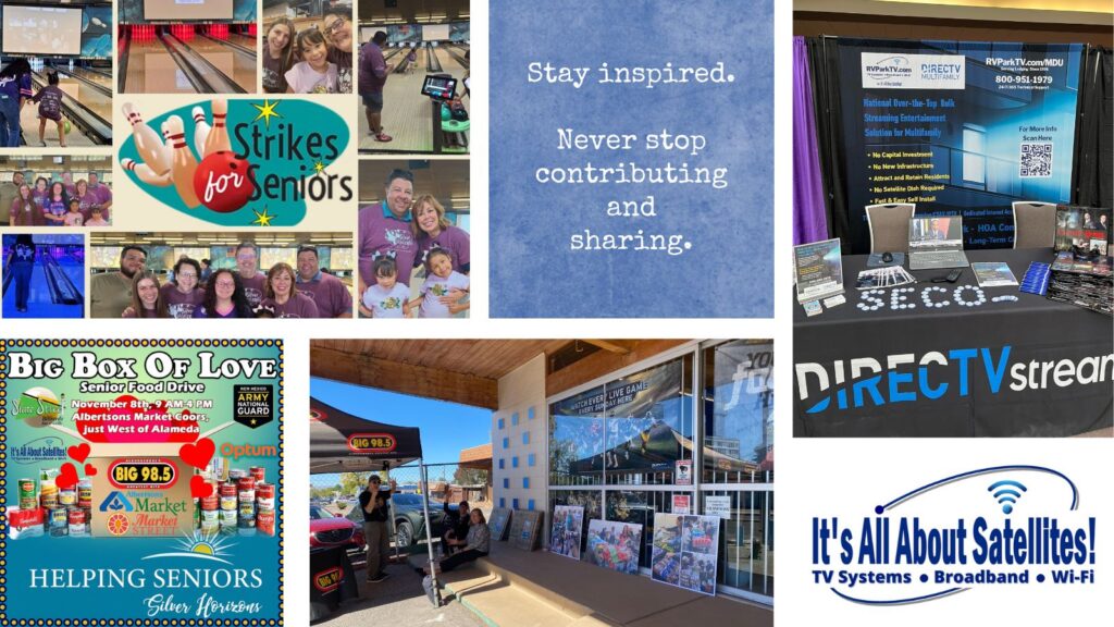 Fun, Community, and Unforgettable Moments - Photos of Its All About Satellites community involvement and trade shows including Strikes for Seniors and the Big Box of Love Food Drive for Silver Horizons and the SECO MultiFamily Trade Show