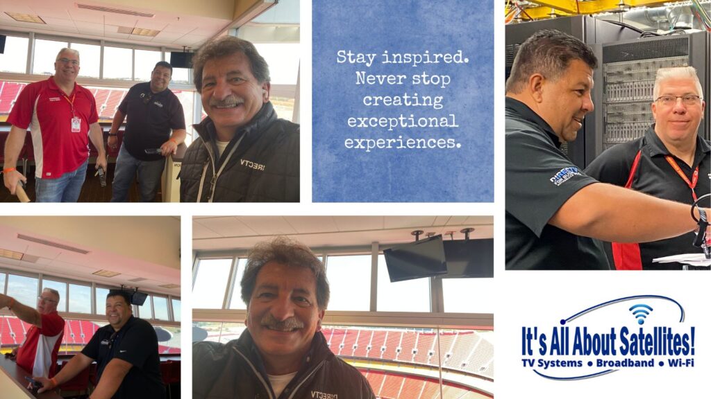 Iconic projects that Its All About Satellites worked on in 2025. Photos of the team at Arrowhead Stadium, home of the NFL's Kansas City Chiefs and UNM's University Arena, AKA "The Pit"