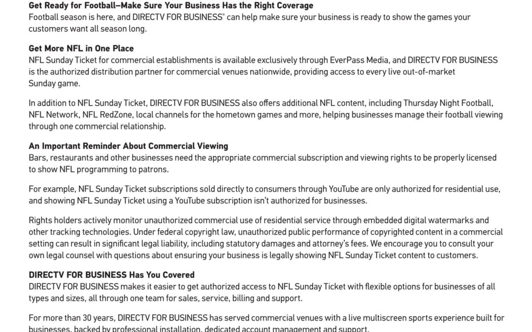 NFL Sunday Ticket for Business Is Back on DIRECTV in 2026